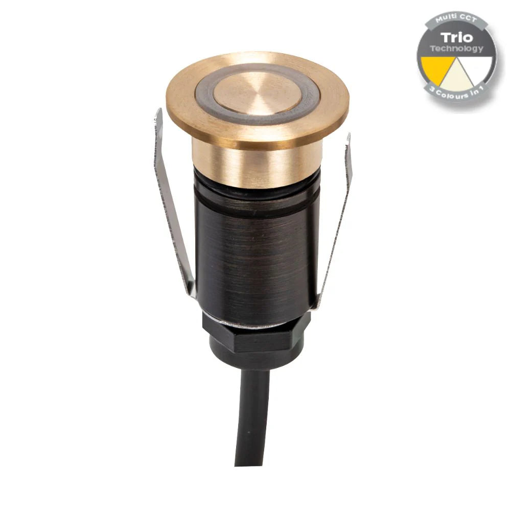 Domus EMIT-25-TRIO-BRS - 1W LED 12/24V DC Tri-Colour 25mm Micro Recessed Step & Inground Light IP67 Brushed Brass - DRIVER REQUIRED