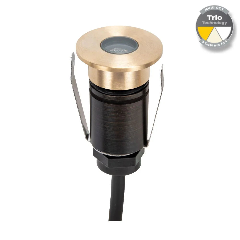 Domus EMIT-25-TRIO-BRS - 1W LED 12/24V DC Tri-Colour 25mm Micro Recessed Step & Inground Light IP67 Brushed Brass - DRIVER REQUIRED