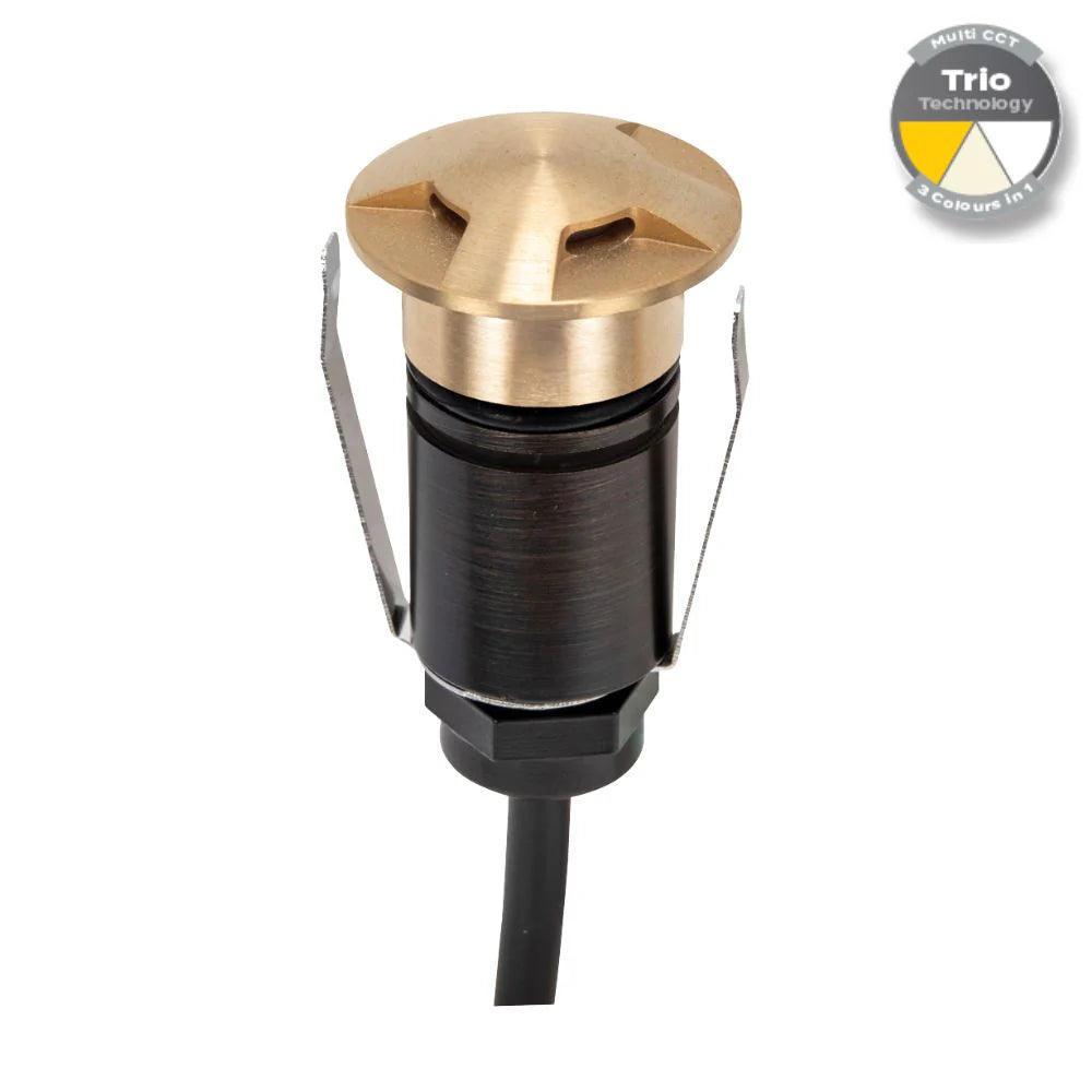 Domus EMIT-25-TRIO-BRS - 1W LED 12/24V DC Tri-Colour 25mm Micro Recessed Step & Inground Light IP67 Brushed Brass - DRIVER REQUIRED