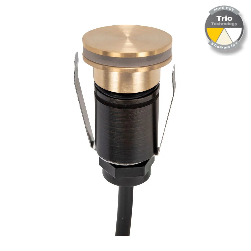 Domus EMIT-25-TRIO-BRS - 1W LED 12/24V DC Tri-Colour 25mm Micro Recessed Step & Inground Light IP67 Brushed Brass - DRIVER REQUIRED