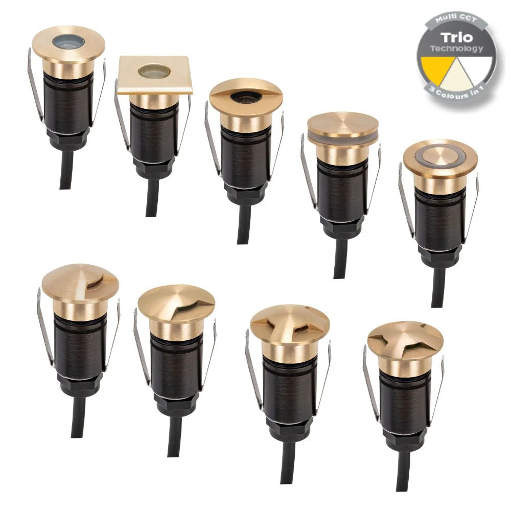 Domus EMIT-25-TRIO-BRS - 1W LED 12/24V DC Tri-Colour 25mm Micro Recessed Step & Inground Light IP67 Brushed Brass - DRIVER REQUIRED