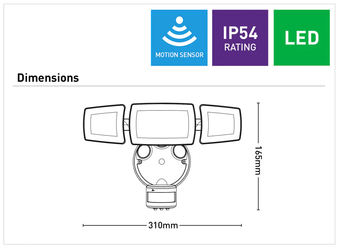 Mercator Onyx Triple Head LED Security Flood Light with PIR Sensor