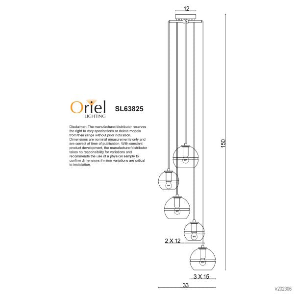 Oriel Lighting RENO 5 Light Clear Glass Pendant