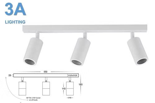 3 Lights Bar Adjustable Spot Light White