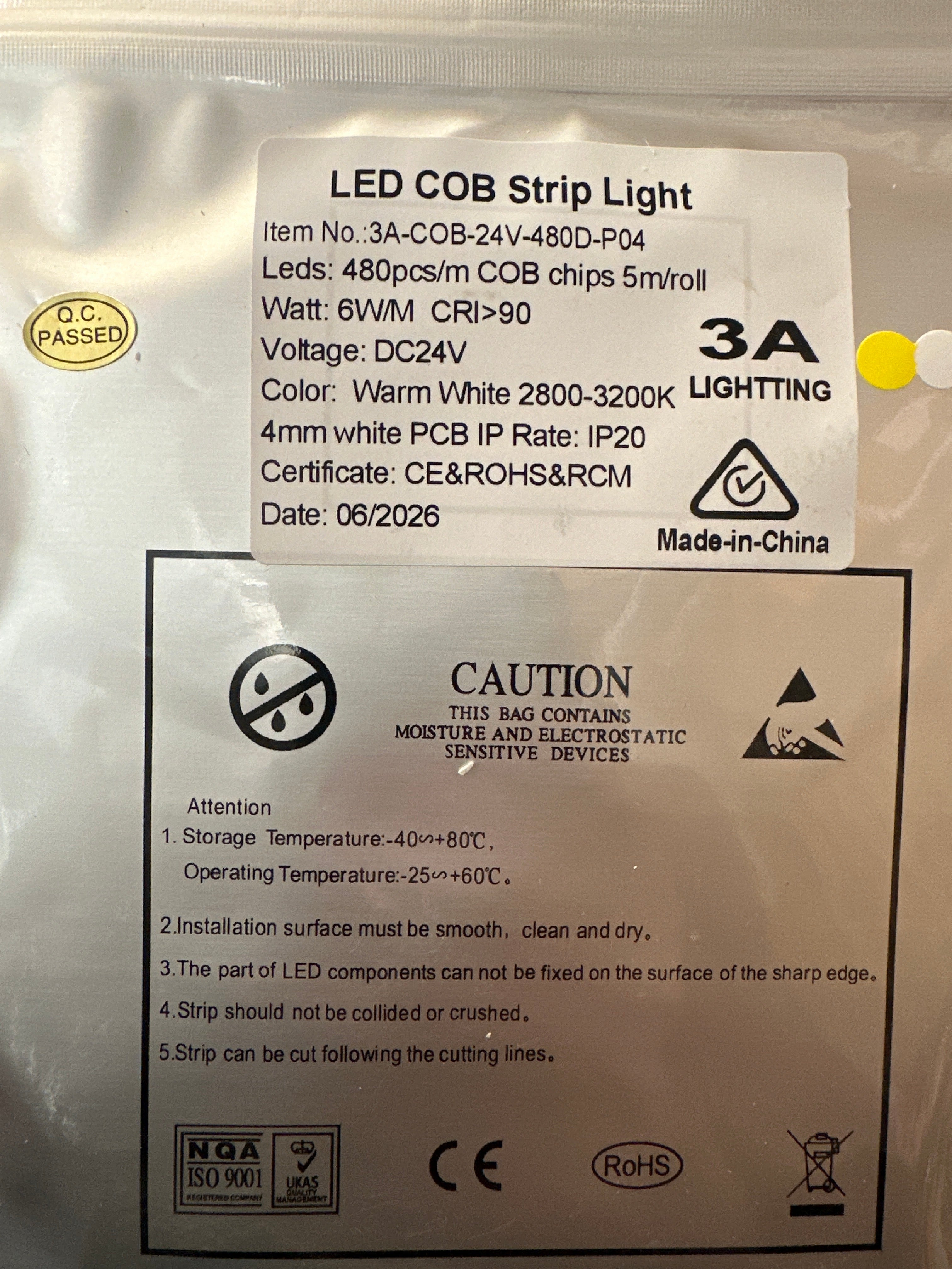3A-COB-24V-480D-P04/5Meter Roll/4MM /warm white
