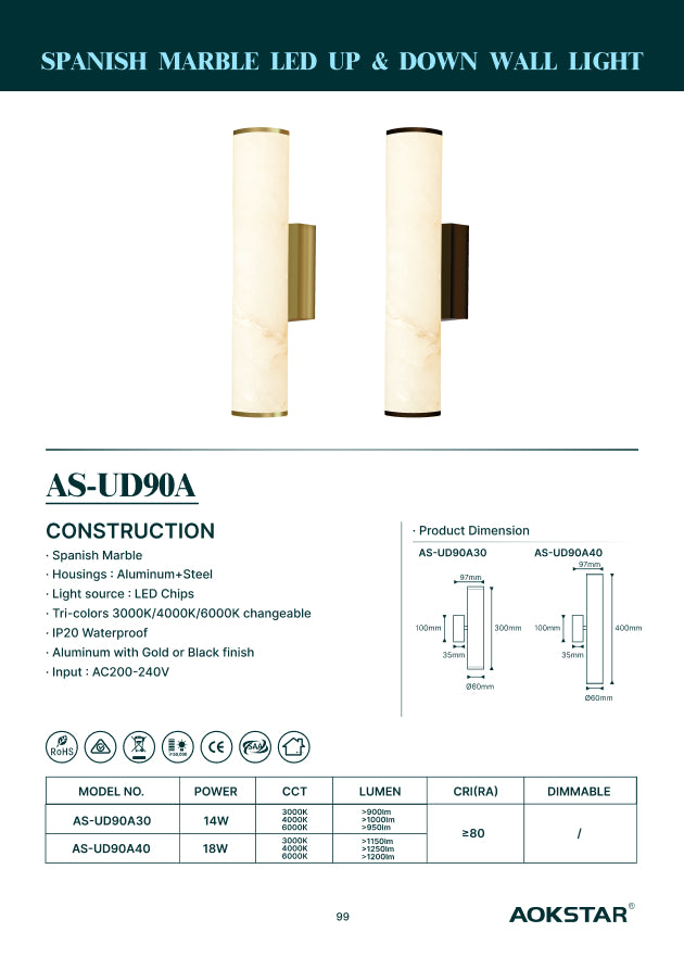 Aokstar Spanish Marble LED Up & Down Wall Light