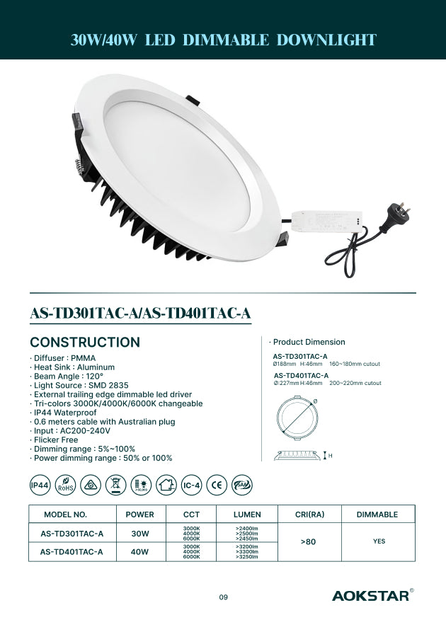 Aokstar 40W and 30W LED Dimmable Downlight