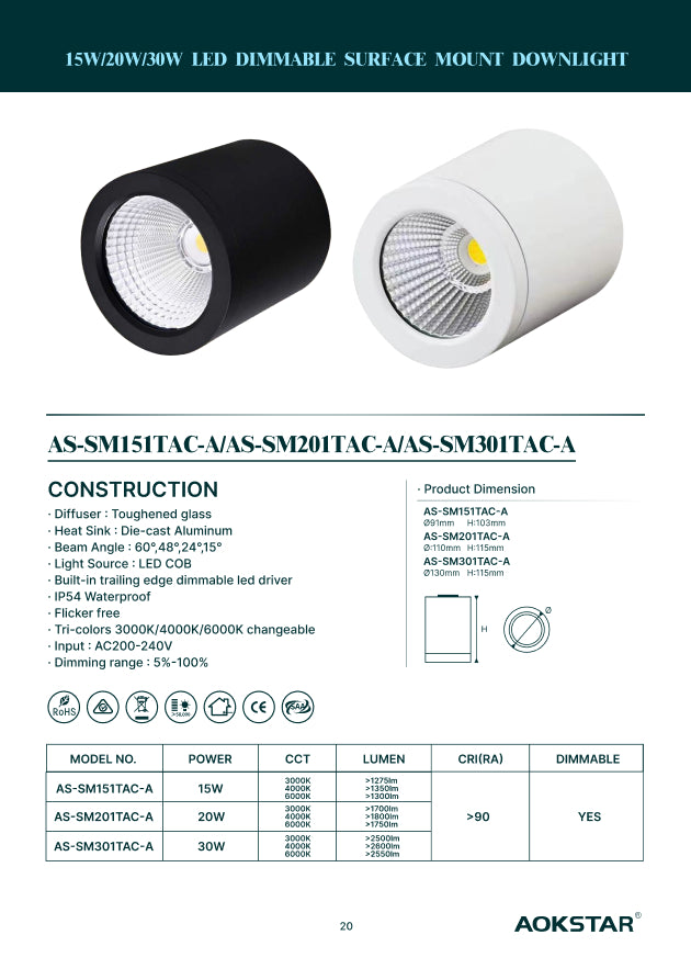 Aokstar Surface Mounted Round LED Dimmable Downlight – CCT Selectable