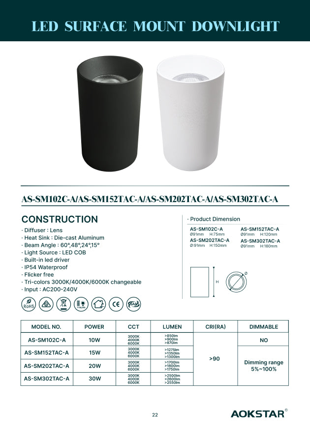 Aokstar Surface Mounted Round LED Dimmable Downlight – CCT Selectable Long