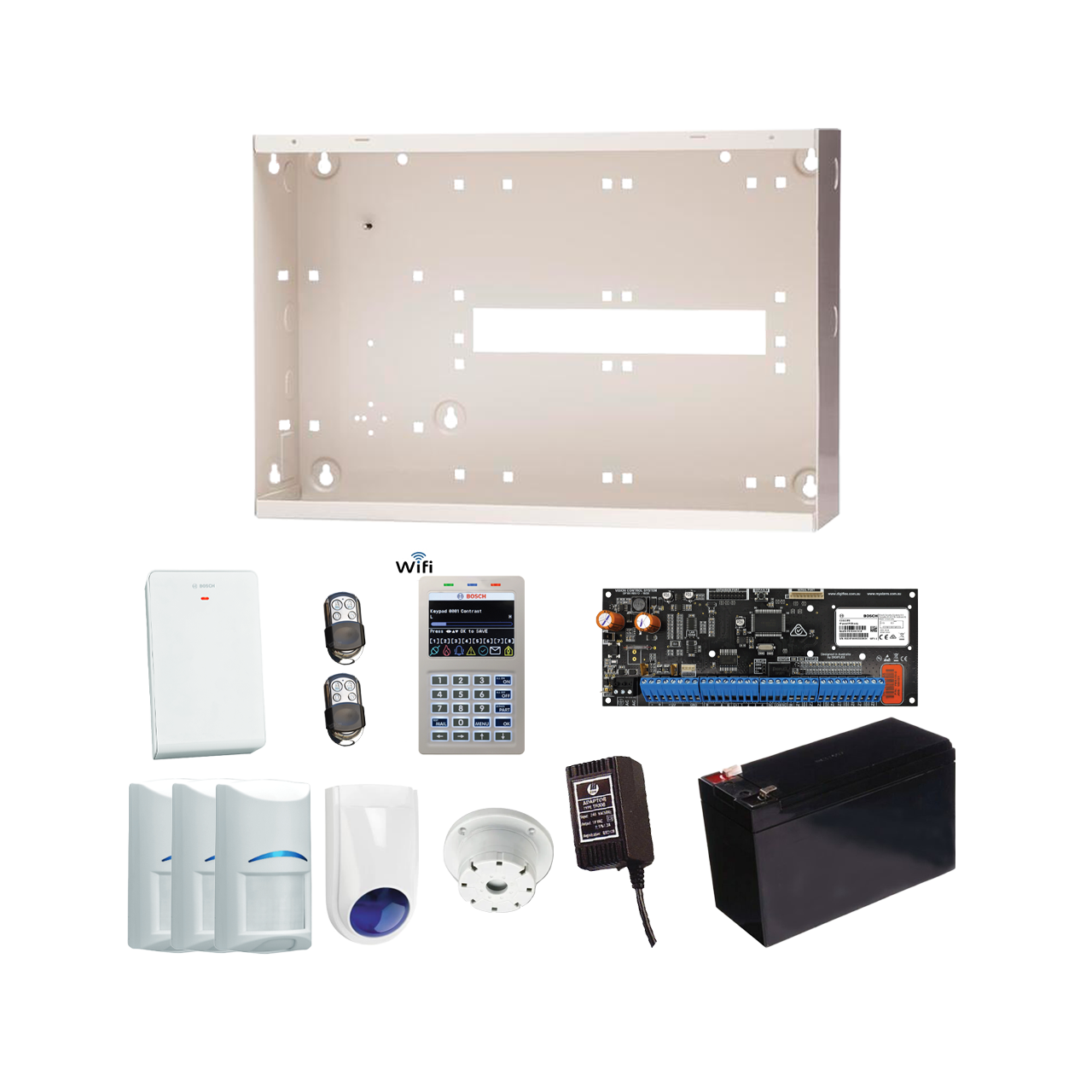 BOSCH KIT S6K-WF-PIR-3 1x SOLUTION 6000 PCB (CC600PB) 1x WIFI KEYPAD WHITE (CP737B) 3x PIRS (BOSISC-BPQ2-W12) 1x ENCLOSURE (BOSMW350) 1x POWER SUPPLY (BOSTF008-B) 1x SIREN/STROBE (DSTSC03/CO/TOP) 1x BATTERY (BAT2000)