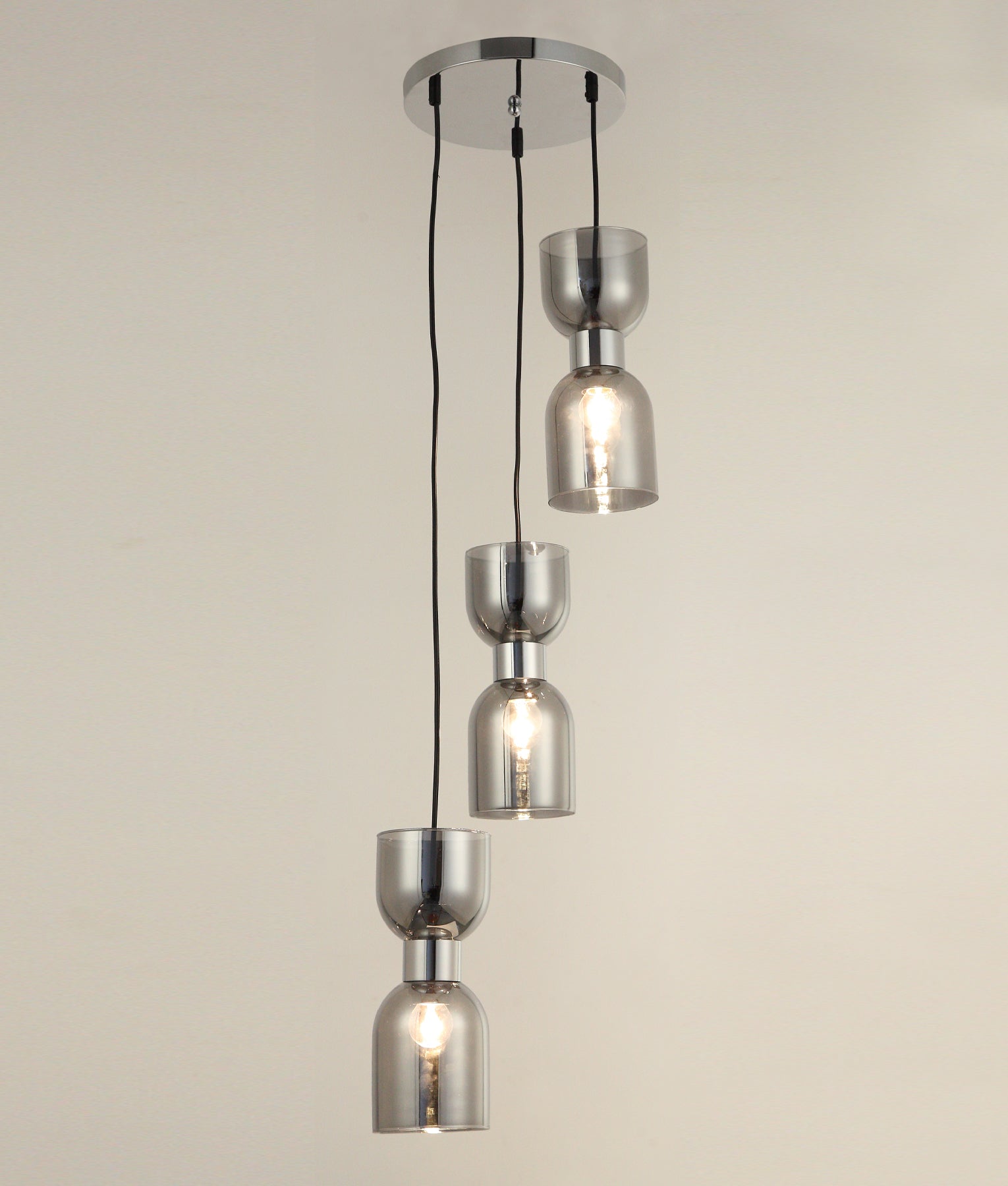 CLESSIDRA: Interior Mirror Finish Smokey Black / Opal Glass Ellipse Multiple Round Base Pendant Lights