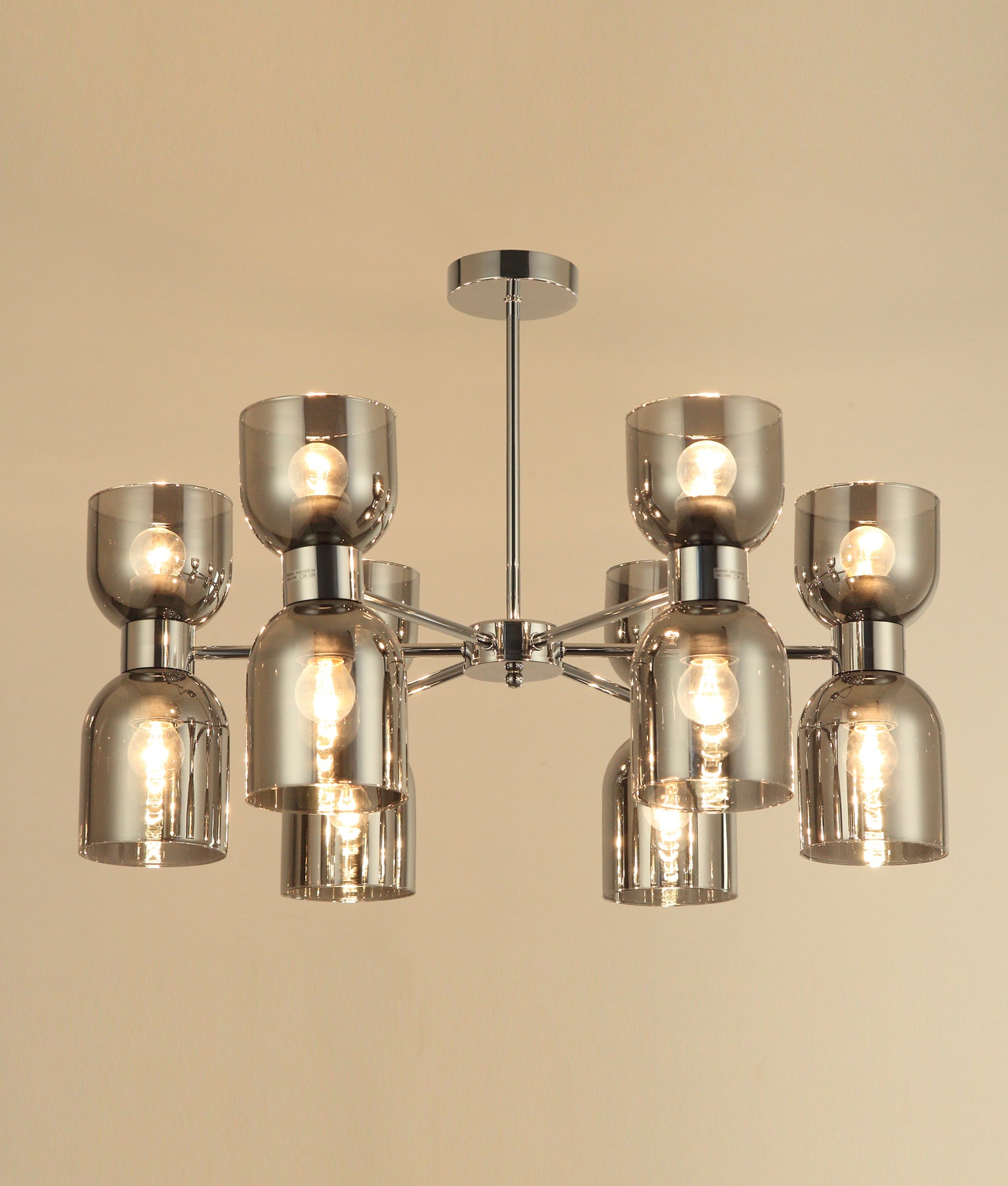 CLESSIDRA: Interior Mirror Finish Smokey Black / Opal Glass Ellipse x12 Round Base Pendant Lights