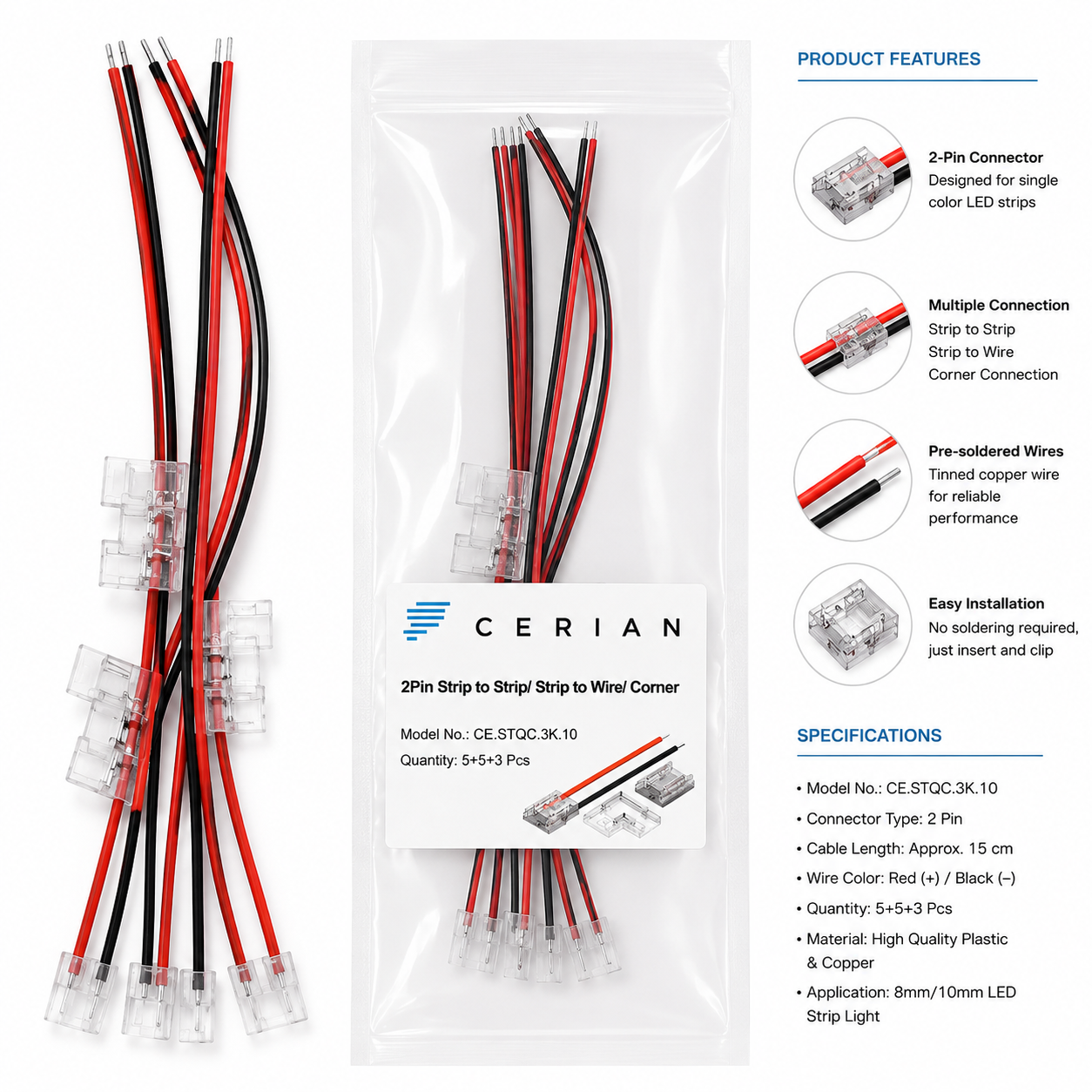 Cerian Lighting 2pin 10mm Single Colour Strip Connector Kit