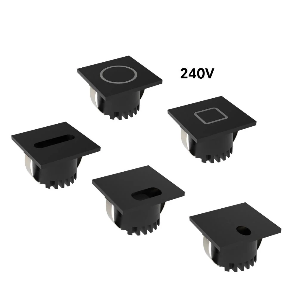 Domus AURA-240V-SQR-BLK - 3W LED Tri-Colour Recessed 45mm Square LED Steplight IP20 240V Black