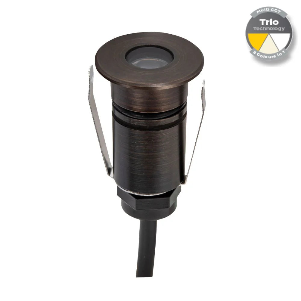 Domus EMIT-25-TRIO-AB - 1W LED 12/24V DC Tri-Colour 25mm Micro Recessed Step & Inground Light IP67 Antique Brass - DRIVER REQUIRED
