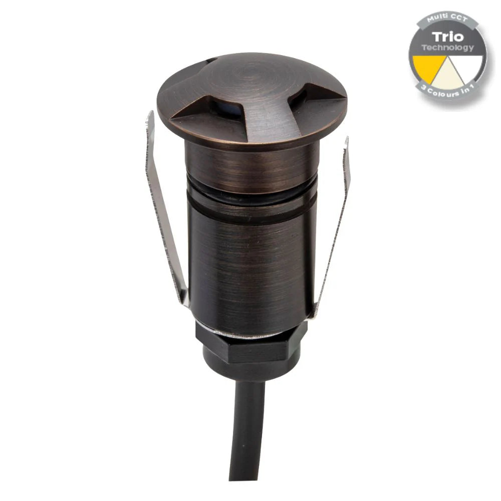 Domus EMIT-25-TRIO-AB - 1W LED 12/24V DC Tri-Colour 25mm Micro Recessed Step & Inground Light IP67 Antique Brass - DRIVER REQUIRED