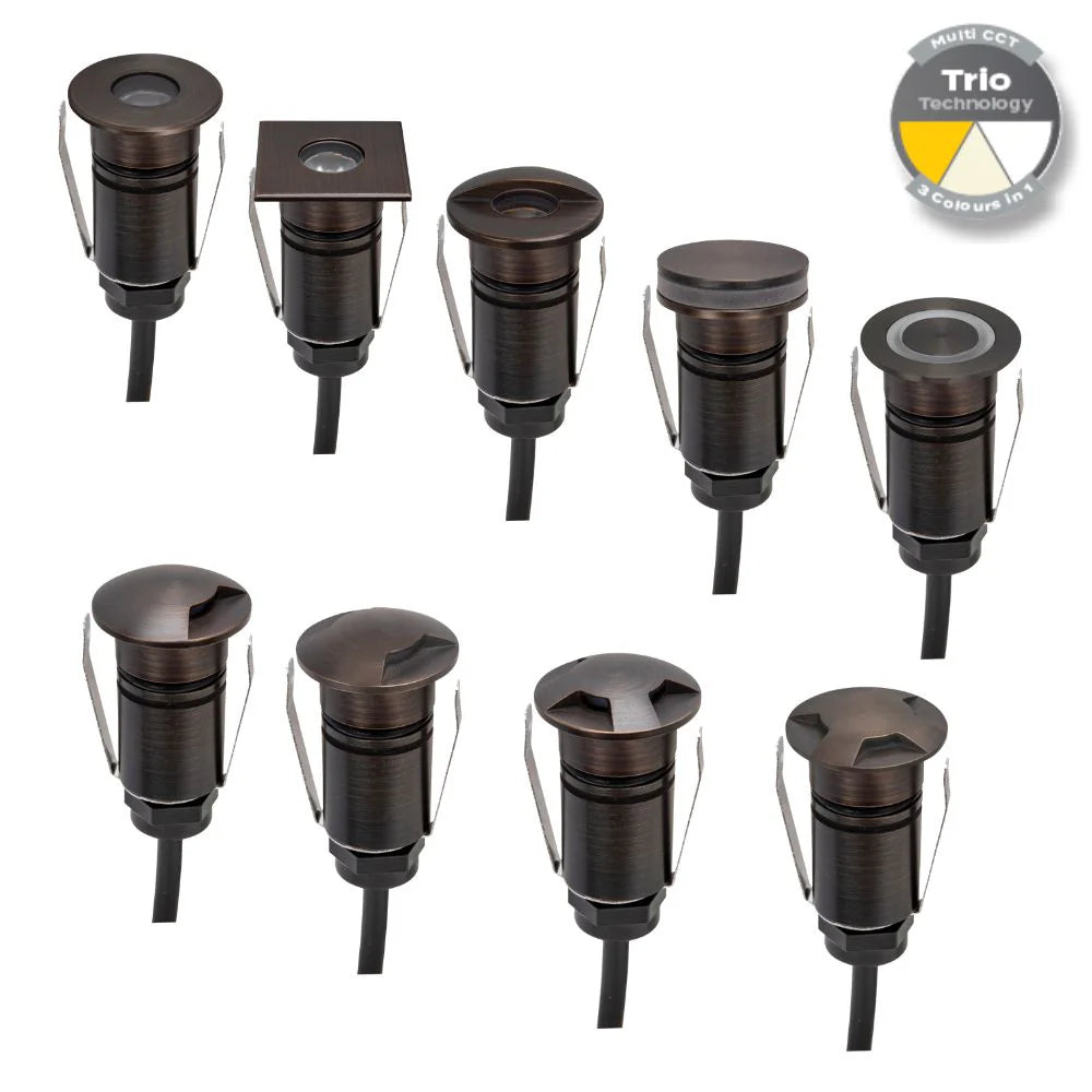 Domus EMIT-25-TRIO-AB - 1W LED 12/24V DC Tri-Colour 25mm Micro Recessed Step & Inground Light IP67 Antique Brass - DRIVER REQUIRED
