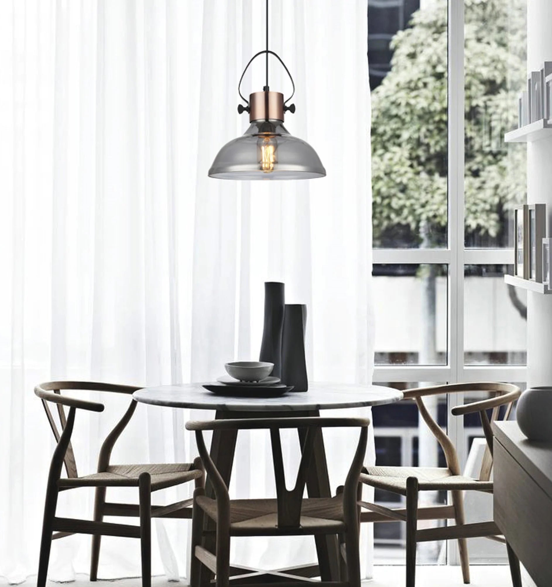 CLA Lighting FUMOSO: Retro Smokey Black Mirror Finish Glass Dome Shape Pendant Light