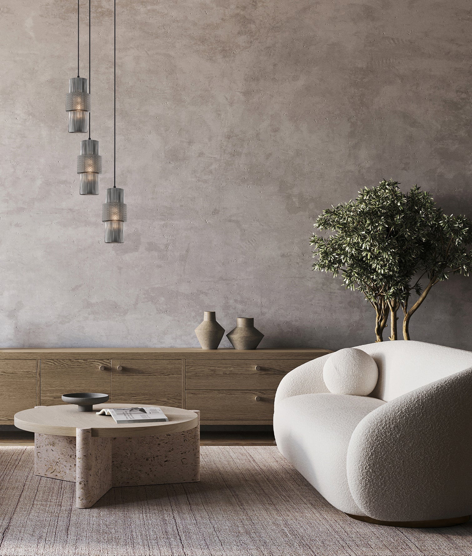 CLA HUECA: Interior Double Cylinder Ribbed with Segment Pendant Lights