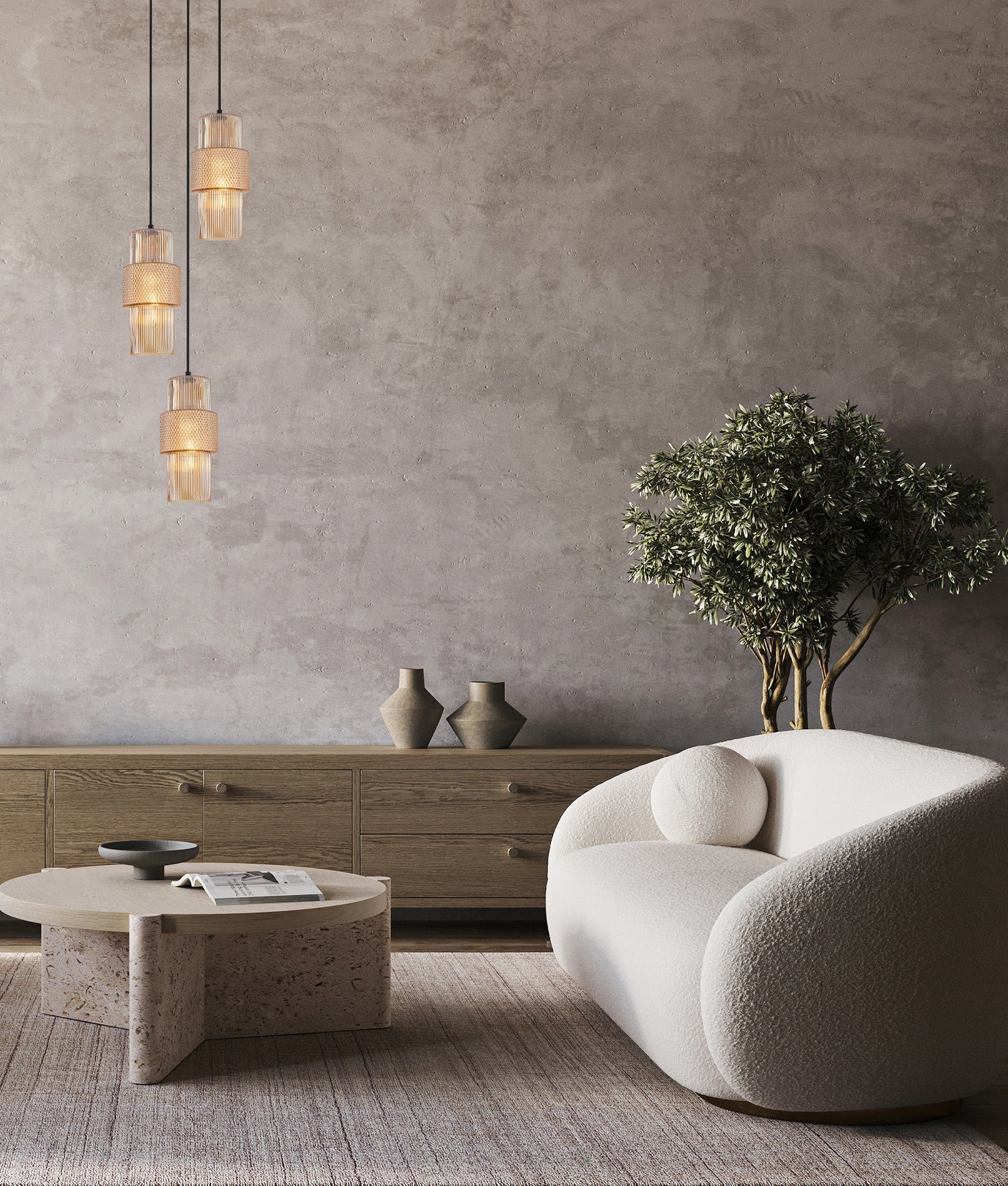 CLA HUECA: Interior Double Cylinder Ribbed with Segment Pendant Lights