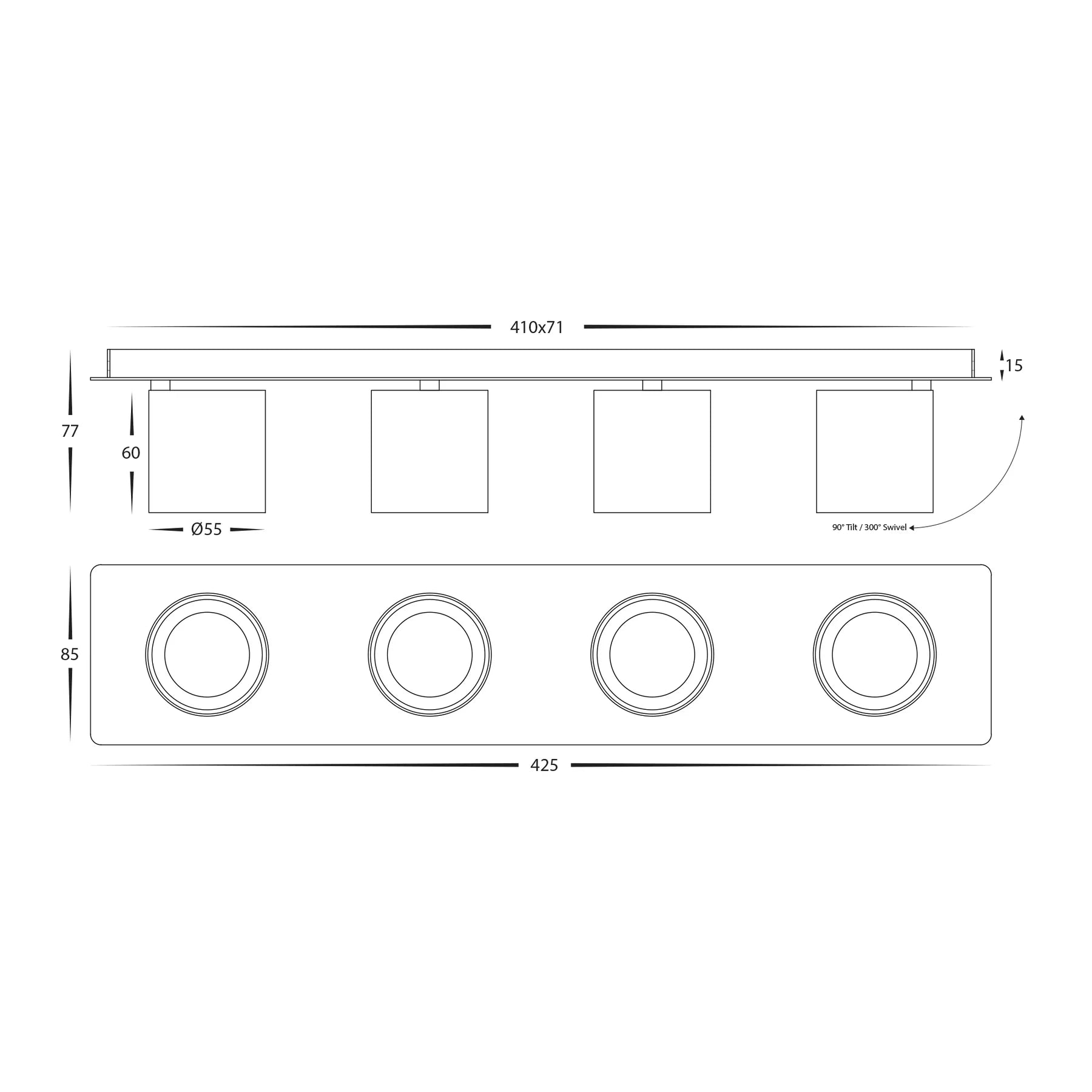 Havit HV4003T-4-BLK - Sbarra Black 4 Light Adjustable Bar Light