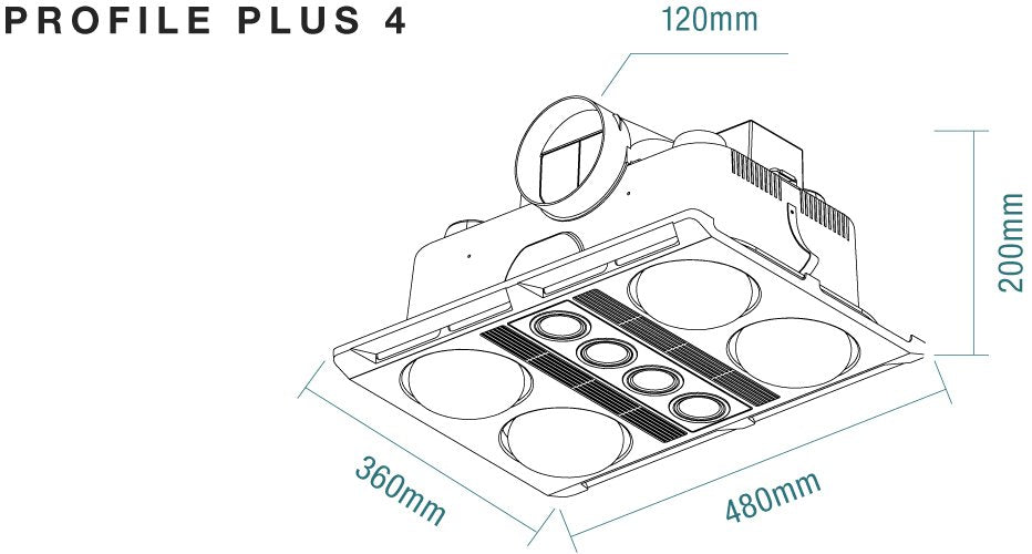 Profile Plus 4 3-in-1 Bathroom Heater with 4 Heat Lamps, Exhaust Fan and GU10 LED Light