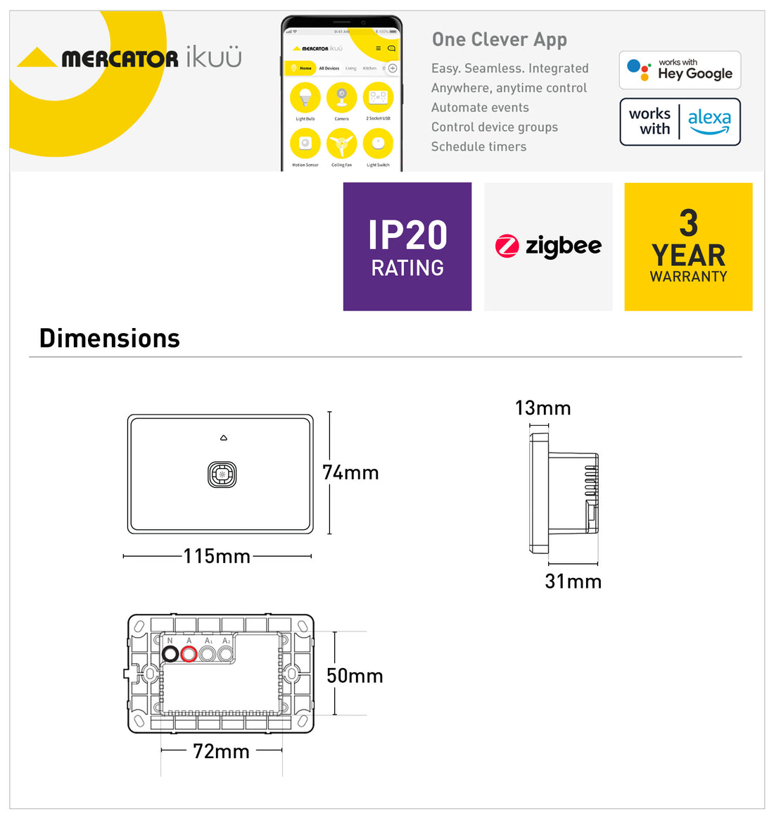 Ikuü Smart Zigbee Single Switch Matt Black