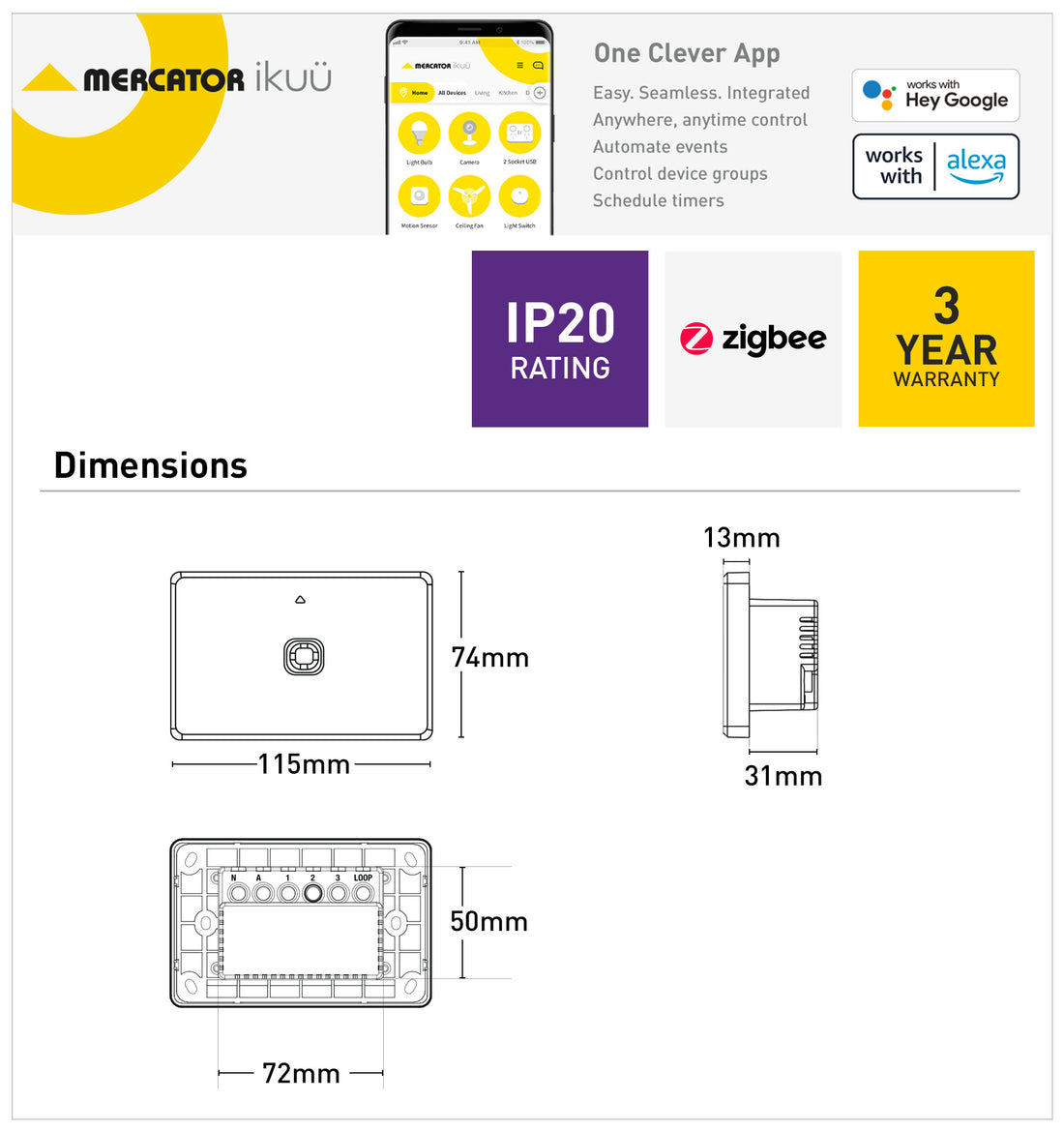 Ikuü Smart Zigbee Single Gang Light Switch with Neutral