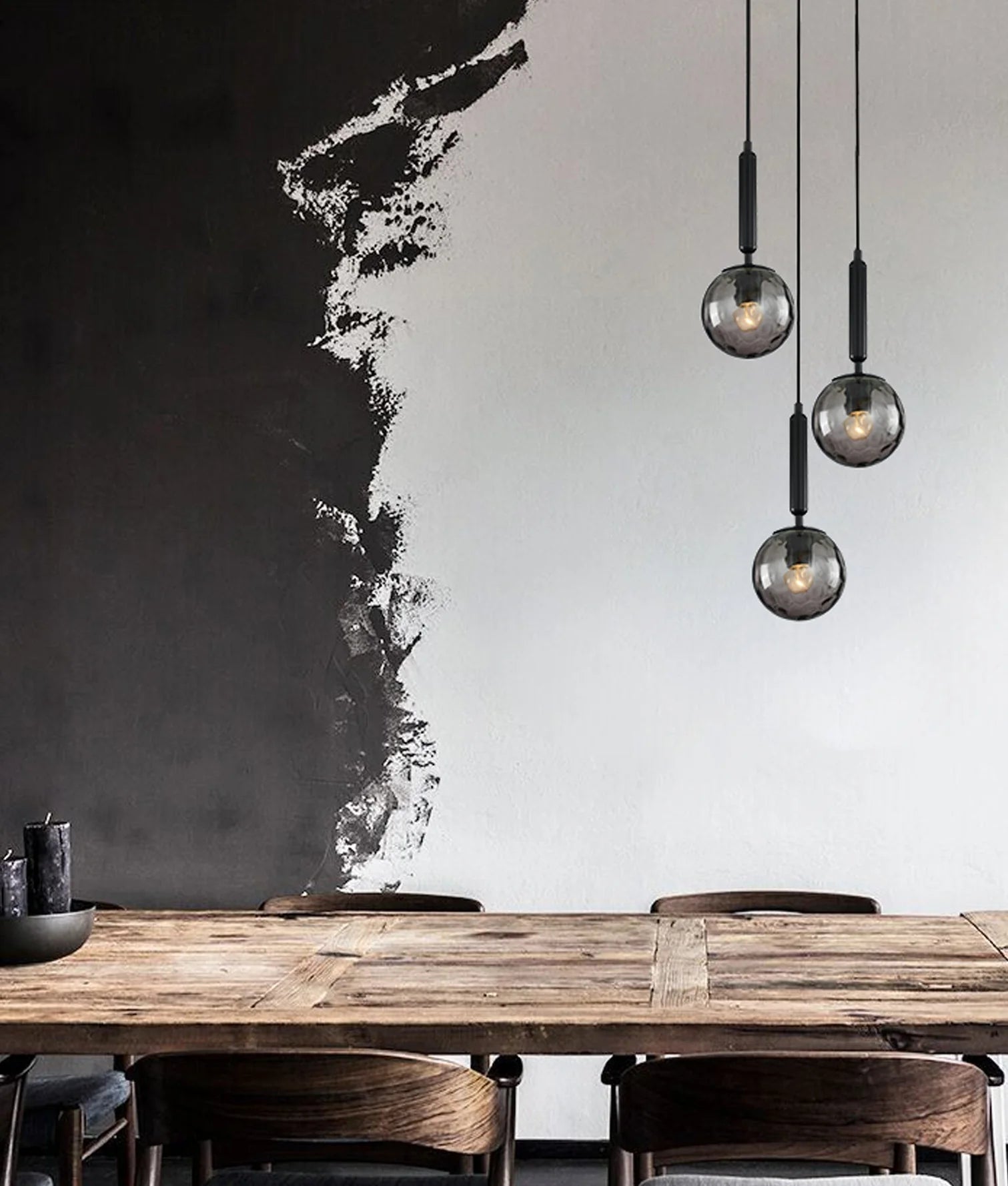 CLA TRATTINO: Interior Bronze Amber / Smokey Black Spherical Glass Multiple Round Base Pendant Lights