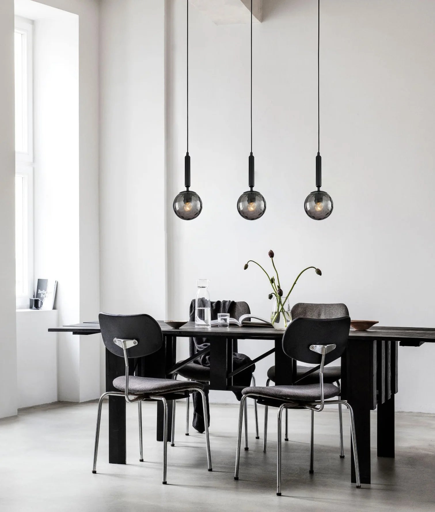 CLA TRATTINO: Interior Bronze Amber /Smokey Black Spherical Glass Multiple Bar Base Pendant Lights