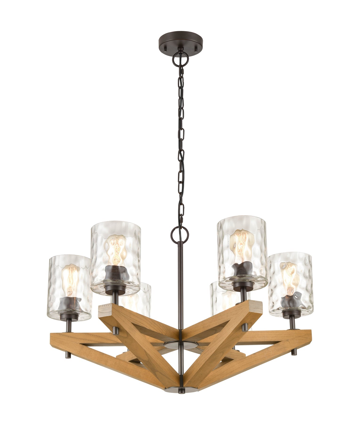 VOTIF: Retro Interior Candelabra Oak Wood with Clear Blown Dimpled Glass Pendant Light-CLA LIGHTING