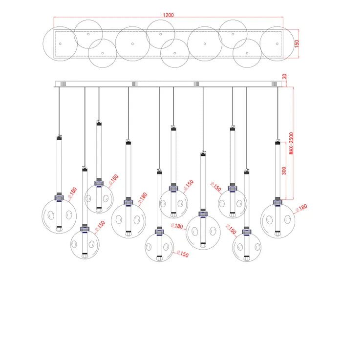 Vencha Meteor 10 Light Pendant - Bar